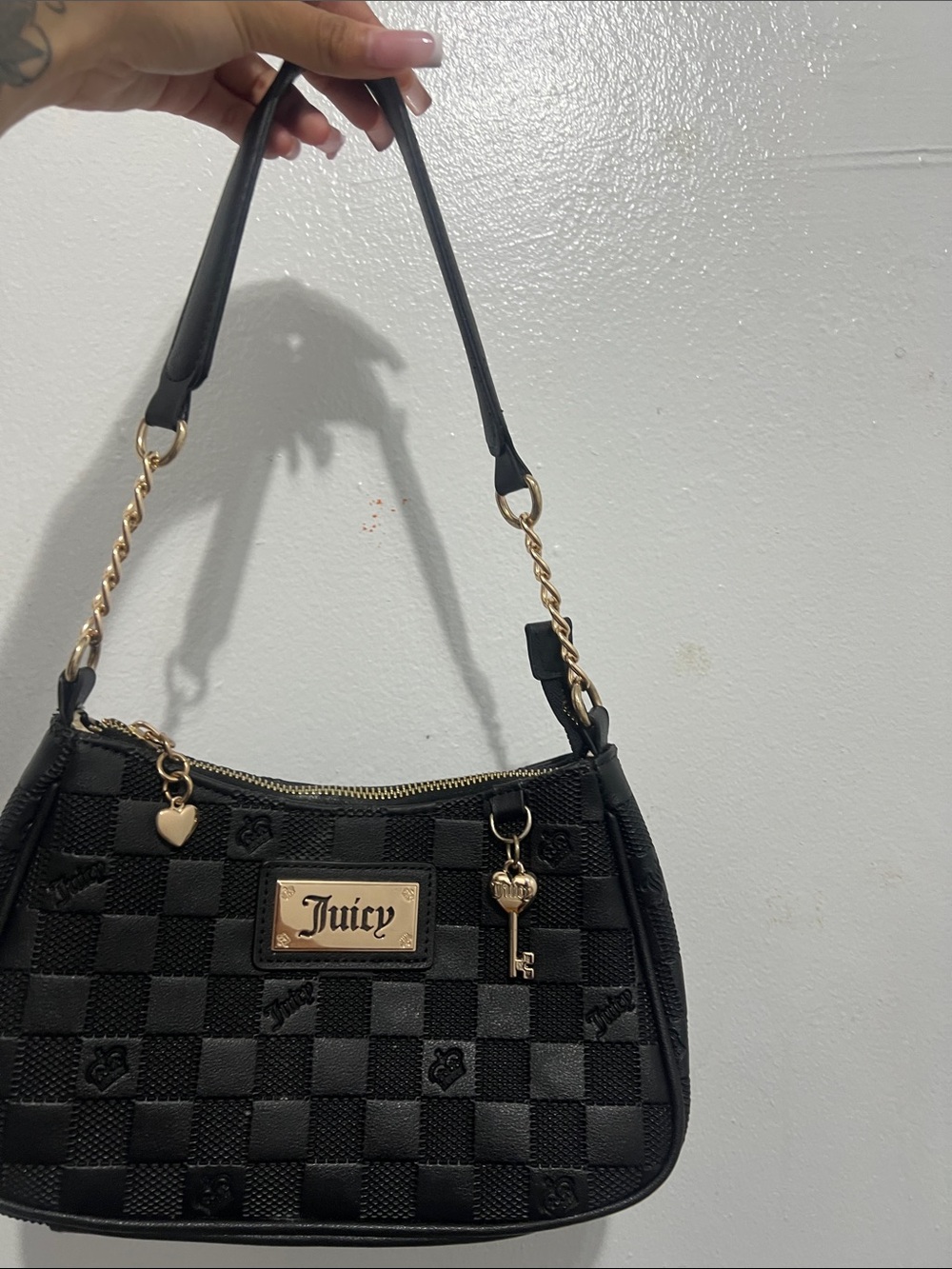 Juicy Couture Black Quilted Checker Shoulder Bag with Gold Hardware